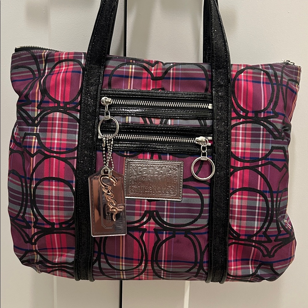 Coach Poppy Black and Pink Plaid Tote with Black Sequin Trimming & Handles